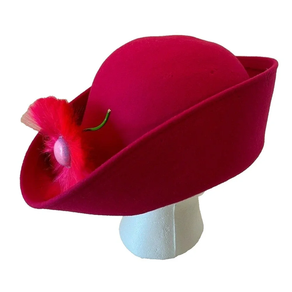 Geo W. Bollman & Co. Womens High Rim Derby Hat OS‎ Pink 100% Wool Floral Hat Pin